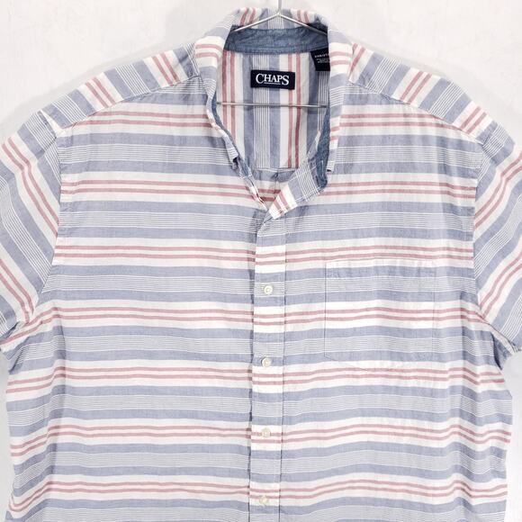 Chaps Shirt Mens 2XB Red White Blue Striped Short Sleeve Chambray Button Down - Picture 2 of 9